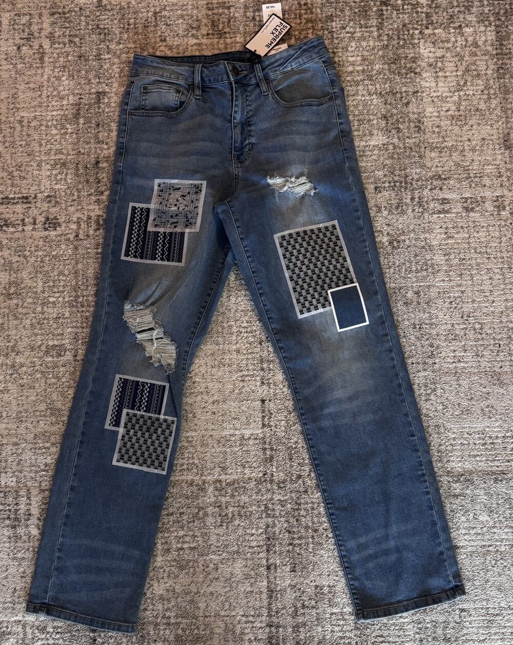 NWT RUE21 Men’s 30x32 Relaxed Fit Supreme Flex Patch Work Denim Jeans